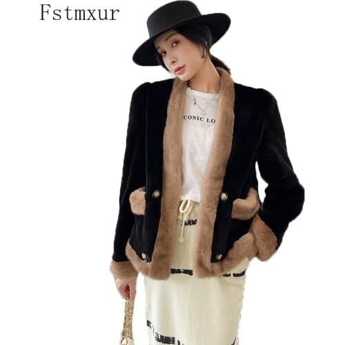 Fstmxur 2021 New Copenhagen Imports Velvt Mink Fur Coat Womens Full Sleeve V-Neck With Pockets Warm Soft Short Mink Fur Coats