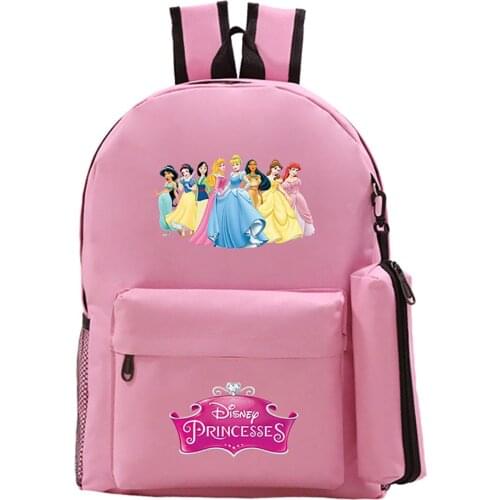 2021 New Disney School Bag Pink Cute Cartoon Princess Print Student School Bag Pen Bag Two-Piece Casual Anime Pattern Backpack