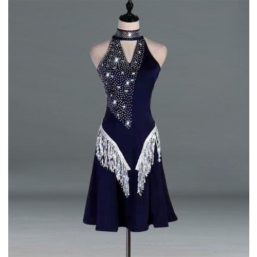 New Latin Dance Dress Latin Skirt Competition Dress Costumes Performing Dress Sparkly Rhinestones Black Tassel Skirtes Made