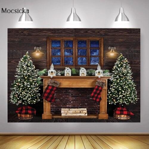 Christmas Window Photo Backdrop Christmas Trees Winter Family Party Background Sock Rustic Wood Wall Light Fireplace Photocall