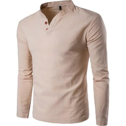 2020 Summer mens chinese style Cotton linen Long sleeve shirt Casual mens V-neck Two buckles shirt male Solid color shirt 5XL