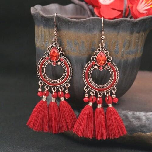 Retro Bohemian Red Tassel Earrings for Women Hollow Out Metal Crystal Red Cotton Silk Fabric Fringe Dangler Earrings Jewelry