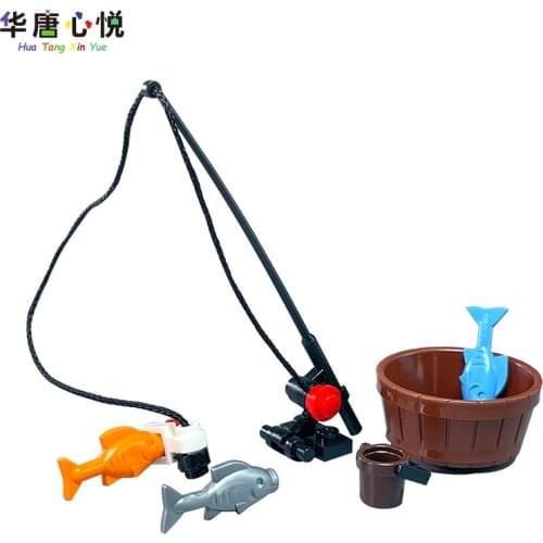 City MOC Series Fishing Tools Suit Fish Rod Bait Bucket Pots Building Blocks Assemble Toys for Children Kids Gifts City Blocks