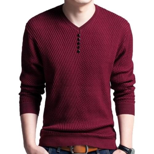 Chic Men Solid Color V Neck Long Sleeve Pullover Slim-Fit Knitted Sweater Blouse