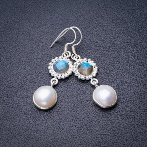 StarGems Natural Biwa Pearl And Blue Fire Labradorite Handmade 925 Sterling Silver Earrings 2" D6894