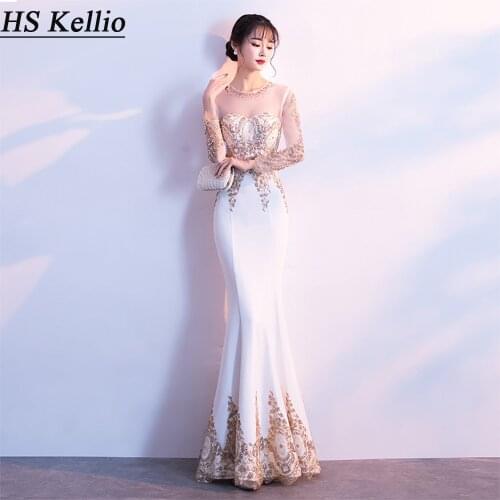 HS Kellio Evening Dress White Sexy Lady Trumpet Dresses Prom Party Lace Trim