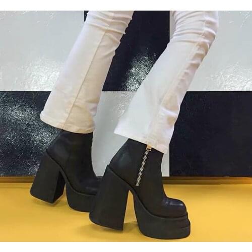 2020 autumn winter Pointed Toe ladies ankle boots platform boots Cross tied Lace up elegant chunky heels boots genuine leather