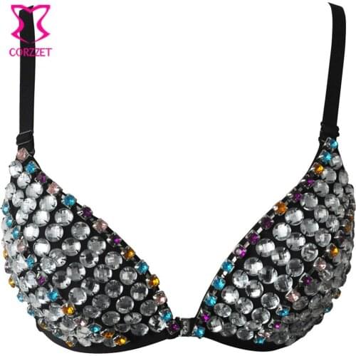 White Crystal Gem & Multicolored Diamond Punk Rock Gothic Bralette Sujetador Push Up Brassiere Women Bra Sexy Clubwear Top Femme