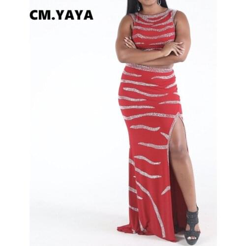 CM.YAYA Women Skirts Set Solid Crop Tops + Slited Long Skirt Two 2 Piece Sets Sexy Club Party Vestidos Fashion Outfits Summer
