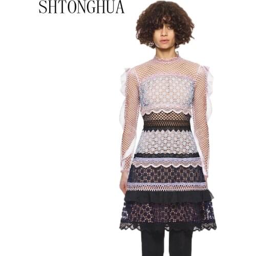 SHTONGHUA Summer Runway Dress 2019 Self Portrait Water-Soluble Lace Patchwork Ruffles Long Sleeve Stand Collar Women Party Dress