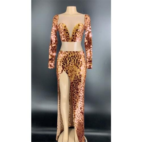 2020 New Silver Mirror Transparent Chest T-shirt Long Skirt Birthday Celebrate Dress Bar Prom Women Shiny Lens Dance Outfit Set