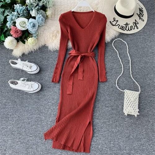 2019 New Autumn Dress Women Long Sleeve Knitted Dresses Fashion Large Size Slim Lady Split V-neck Dress Vestidos Bottomings W928