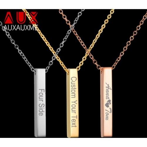 Auxauxme Four Sides Engraving Personalized Square Bar Custom Name Necklace Stainless Steel Necklaces Women/Men Christmas Gift