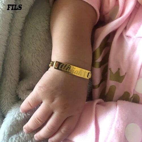 Fils Custom Bracelet-Personalized Bar Carved Baby Name New Birth Message Gold Plated Cuban Chain Bracelet-Family Baby Bracelet