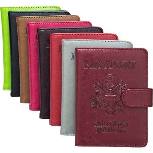USA PU Leather RFID Blocking Passport Holder Wallet Cover Travel Document Organizer Case for Men Women with Credit Card Slot