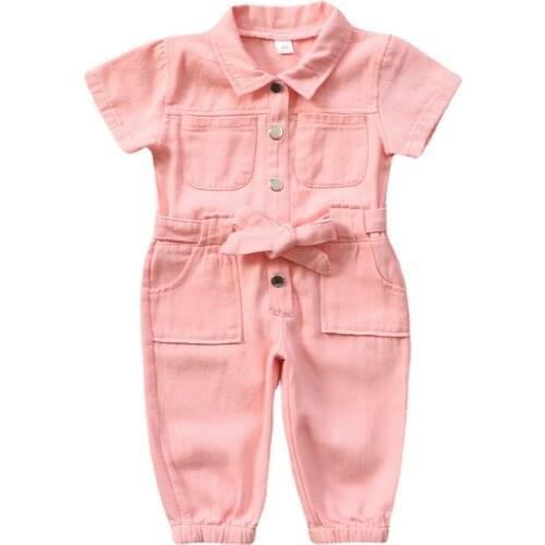 2021 new children girls jumpsuite short sleeve cotton denim jeans solid color pink bow belt pocket ruffled kids trousers