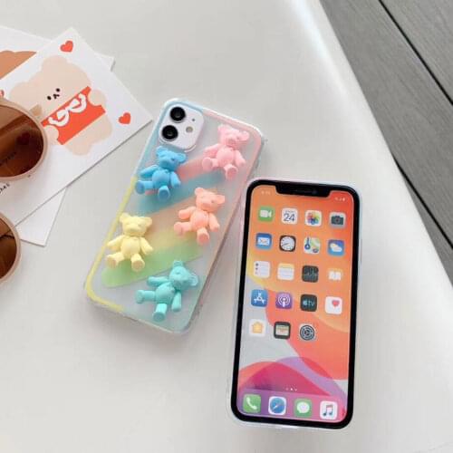 Ins Cute Cartoon Animal Rainbow Bear Soft TPU Phone Case for iPhone X 11Pro XS MAX XR 6 6S 7 8 Plus 3D Bear Back Cover Fundas