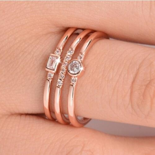 JK Fashion Triple Band Women Ring Classic Golden RoseGold Color With Round CZ Setting Bride Accessory Ring Geometric Shaped