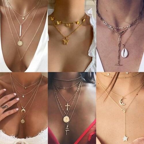 K2020 New Vintage Boho Cross Geometric Butterfly Shell Necklace For Women Bohemia Star Moon Heart Chain Necklace Jewelry