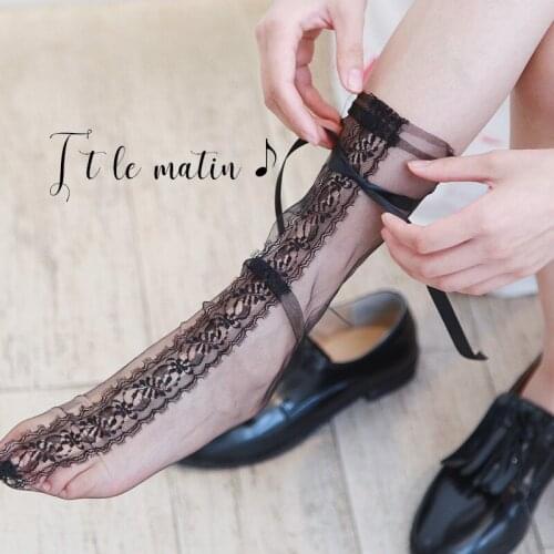 Summer Casual Thin Socks Transparent Sock Fresh Kawaii Solid Colors Short Stocks Retro Lace Bow Mesh Glass Yarn Socks