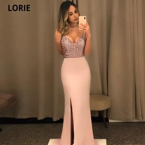 LORIE Shiny Sequin Evening Dresses Mermaid Satin Prom Party Gowns Sexy Open Back Beach Princess Beauty Pageant Dresses Split