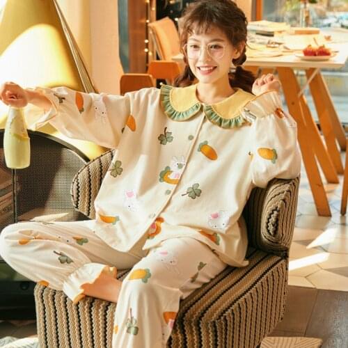 Cartoon Plus Size Princess Style Loose Version Pajama Set Fall Pajamas Col Claudine Cotton Lapel