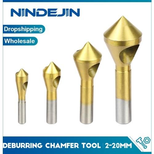 NINDEJIN 4pcs Deburring Chamfer Tool Countersink HSS 4241 Titanium Coated O-shaped Incline Hole Chamfering Drill Round Shank