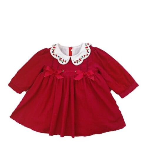 2020 Autumn/winter New Girl Embroidered Red Birthday Christmas Vtg Sweet Bow Princess Dress new years Kids Dresses for Girls