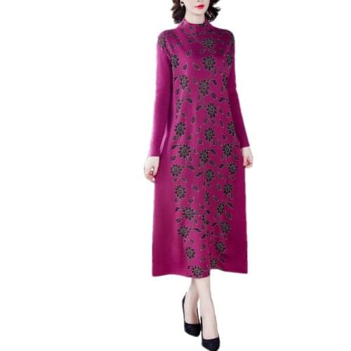 LUKAXSIKAX 2020 New Autumn Winter Women Knitted Slim Base Dress High Quality Retro Flowers Jacquard Sweater Dress