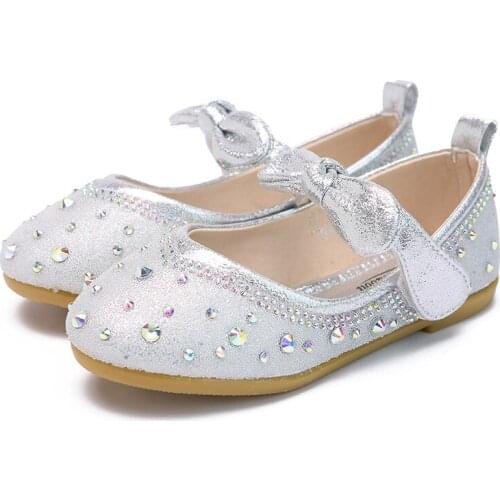 Girls Princess Shoes Catwalk Childrens Shoes Girls Childrens Show Flashing Diamond Silver Crystal Leather Shoes Chic Size25-34