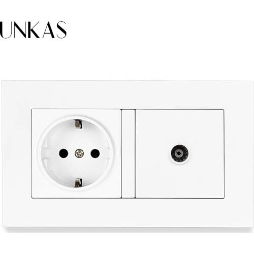 UNKAS PC Plastic Panel 16A EU Standard Wall Power Socket + TV Televtion Connector Jack 146MM*86MM 2 Gang Outlet