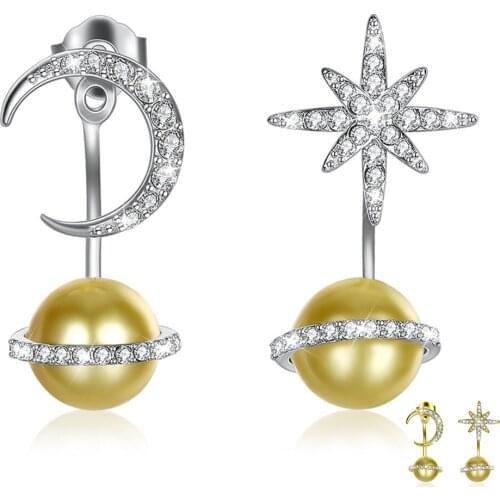 SILVERHOO Sterling Silver 925 Stud Earring Universe Shining Star Moon Earrings For Women Round Austria Crystal Fine Jewelry Hot