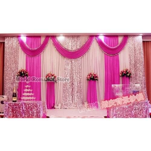 2019 Fushcia Wedding Backdrop with silver sequin swags Wedding Decoration