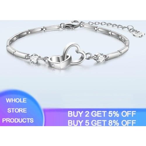 Charms 925 Sterling Silver Bracelets Bangles for Women Valentines Days Gift Cubic Zircon Double Heart Bracelet Jewelry SL147