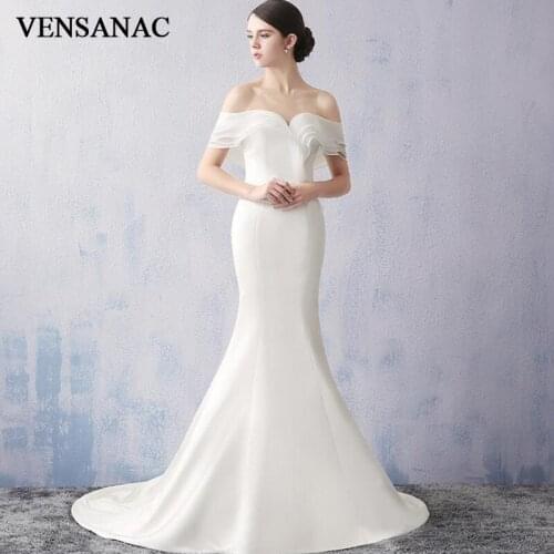 VENSANAC 2018 Pleat Boat Neck Satin Sweep Train Mermaid Wedding Dresses Off The Shoulder Backless Bridal Gowns