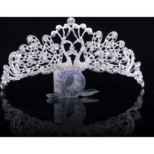 Vintage Silver Color Crystal Rhinestone Bridal Peacock Diadem Double Swan Shape Tiara Crown Wedding Hair Jewelry Accessories VL