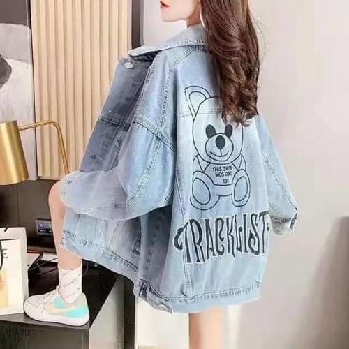 Animal Embroidery Long sleeve denim jacket Women Casual Plus size Loose Polo Collar Coat Spring Korean Single Breasted jacket