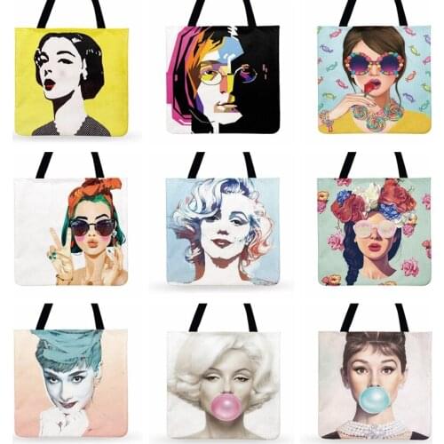 Pop Art Figures Printed Tote Bag Women Casual Tote Monroe And Hepburn Fashion Shopping Bag Outdoor Beach Bag Ladies Shoulder Bag