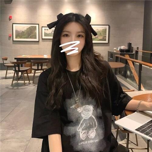 Bear cartoon loose short-sleeved female summer Korean design sense student T-shirt female tide 2021 summer new style