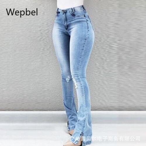 WEPBEL Womens High-Waist Ripped Jeans Skinny Long Denim Pants Fashion Casual Female Flare Denim Trousers