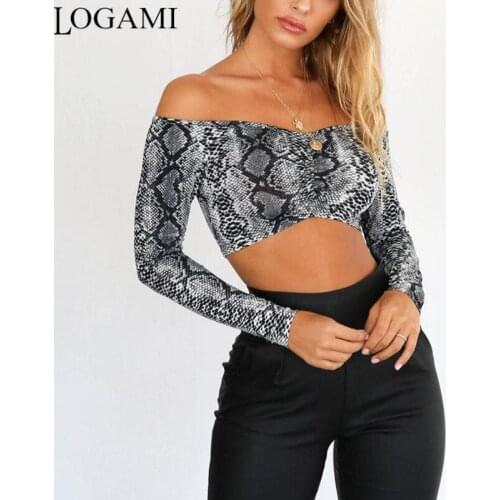 LOGAMI Long Sleeve Snake Print Crop Top Woman Off The Shoulder T Shirt For Women Sexy Slim Cropped Top