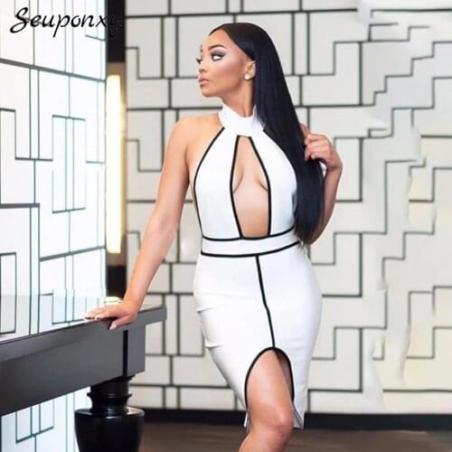 High Quality 2021 Summer Women Sexy O-neck Sleeveless Hollow Backless Irregular Dress Bodycon Celebrity Club Party Dress Vestido