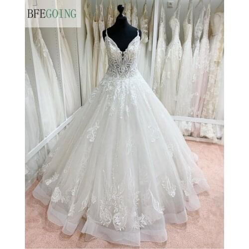Ivory Tulle Lace Appliques Spaghetti Straps V-Neck Floor-Length Ball Gown Wedding Dresses Chapel Train Sleeveless Custom Made