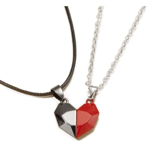 Q39C 2Pcs Minimalist Lovers Matching Friendship Heart Pendant Couple Magnetic Distance Faceted Heart Pendant Necklace Jewelry