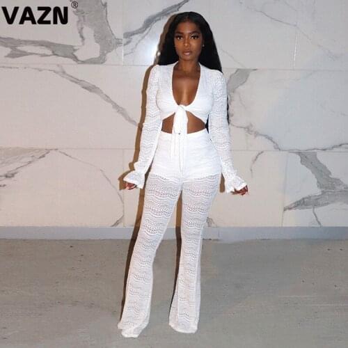 VAZN 2020 New Mesh Fabric See Through Two Piece Set O-neck Casual 2 Piece Set Women Full Sleeve Top with Embroidery Sets