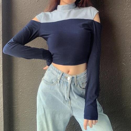 70% Dropshipping!New FashionWomen T-shirt High Neck Long Sleeve T-shirt Hollow Gothic Cotton Polyester Short Top