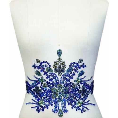 HANDMADE Beaded Diy Royal Blue Crystal Sew on Rhinestone Clothes Applique Patches Design For Waist Belt Wedding Dress Decoration