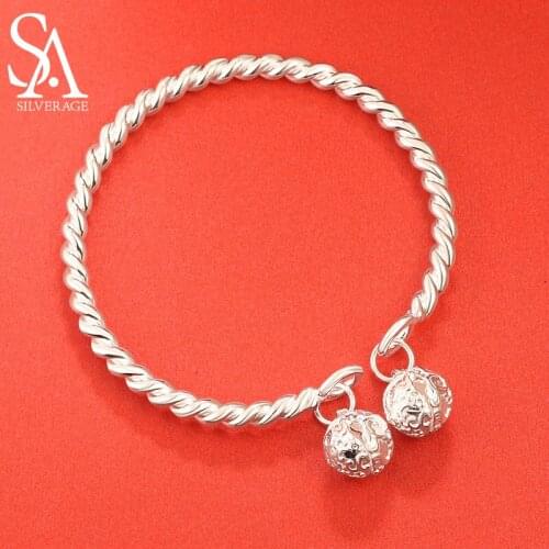 SA SILVERAGE Two Bell Silver Bracelet Tanabata Girlfriend Bangles with Designer S999 Full Silver Bell Open Bracelet 24g