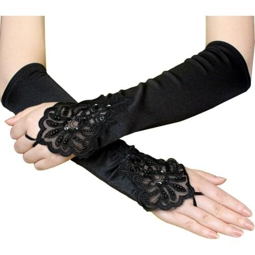 Black Gothic Women Cool Sequin Glove 2021 Fashion Lady Satin Elbow Length Pearl Lace Patchwork Gloves Street Party Accessory