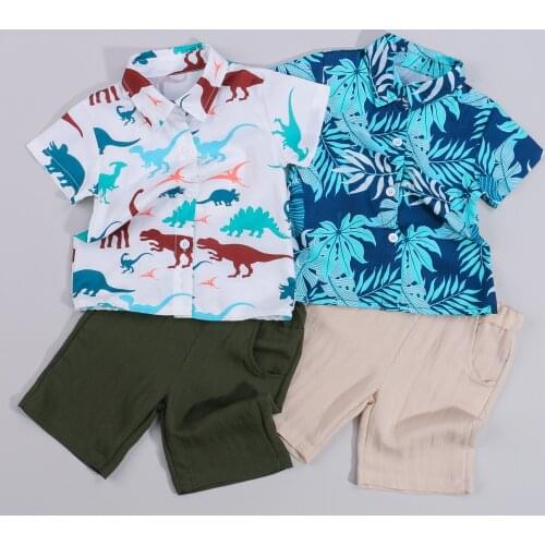 2Pcs Kids Summer Outfits Dinosaur/Leaf Print Lapel Short Sleeves Shirt + Elastic Waist Shorts Suit for Boys 1-5 Years